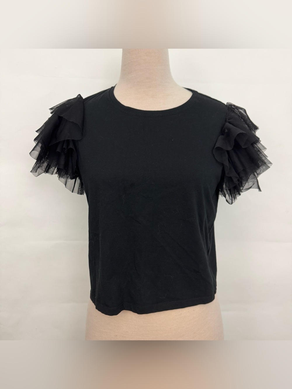 Joie Black Short Sleeve Top with Ruffle Mesh Sleeves Medium